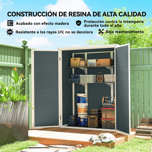 Outsunny Abrigo de Jardim 0,81 m² 134x68,5x170 cm Abrigo de Exterior em Plástico com Solo 2 Prateleiras Dobráveis Portas Duplas com Fecho para Armazenamento de Ferramentas Cinzento