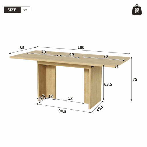 Mesa de jantar extensível, 140180x80 cm - Para 6-8 pessoas, forma retangular, tampo espesso, estilo simples - Carvalho