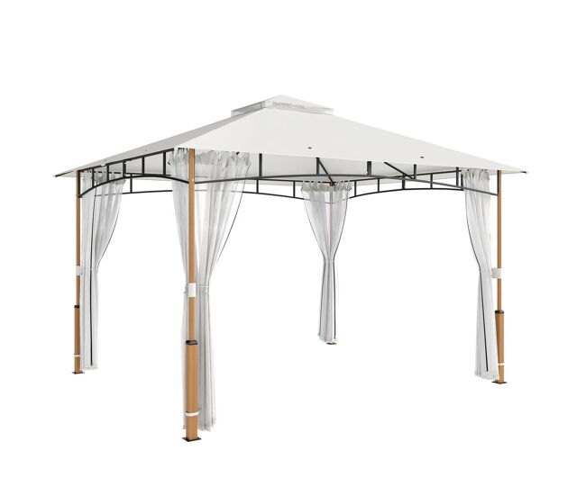 Outsunny cenador para jardín 3x3,6 m, pabellón de jardín gazebo con doble techo, paredes de malla, upf50+, estructura de metal, carpa para exterior, terraza, patio, crema y teca