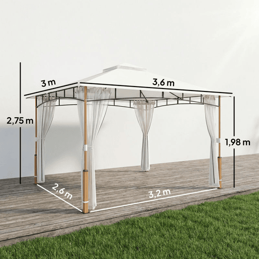 Outsunny Pérgola para Jardim 3x3,6 m Pérgola de Exterior com Telhado Duplo Paredes de Rede UPF50+ Estrutura Metálica Pérgola Terraço Jardim Creme e Teca