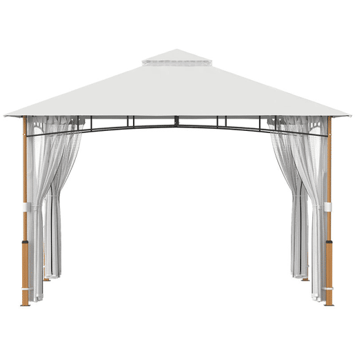 Outsunny Pérgola para Jardim 3x3,6 m Pérgola de Exterior com Telhado Duplo Paredes de Rede UPF50+ Estrutura Metálica Pérgola Terraço Jardim Creme e Teca