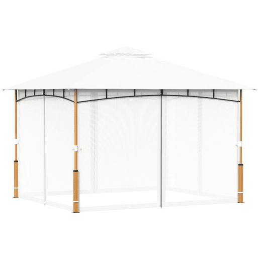 Outsunny Pérgola para Jardim 3x3,6 m Pérgola de Exterior com Telhado Duplo Paredes de Rede UPF50+ Estrutura Metálica Pérgola Terraço Jardim Creme e Teca
