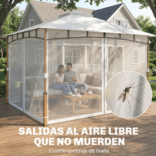 Outsunny Pérgola para Jardim 3x3,6 m Pérgola de Exterior com Telhado Duplo Paredes de Rede UPF50+ Estrutura Metálica Pérgola Terraço Jardim Creme e Teca