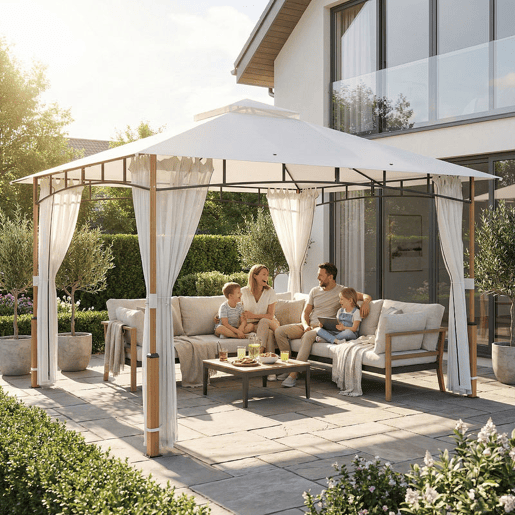 Outsunny Pérgola para Jardim 3x3,6 m Pérgola de Exterior com Telhado Duplo Paredes de Rede UPF50+ Estrutura Metálica Pérgola Terraço Jardim Creme e Teca