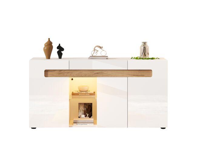 Aparador de panel de partículas con 3 puertas y luz led,blanco+natural