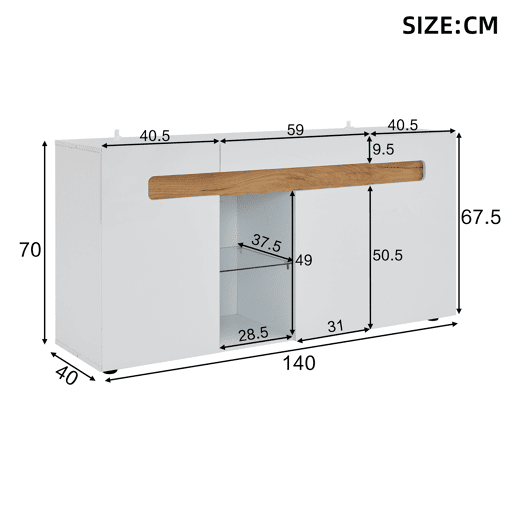 Aparador de painel de partículas com 3 portas e luz led,branco+natural