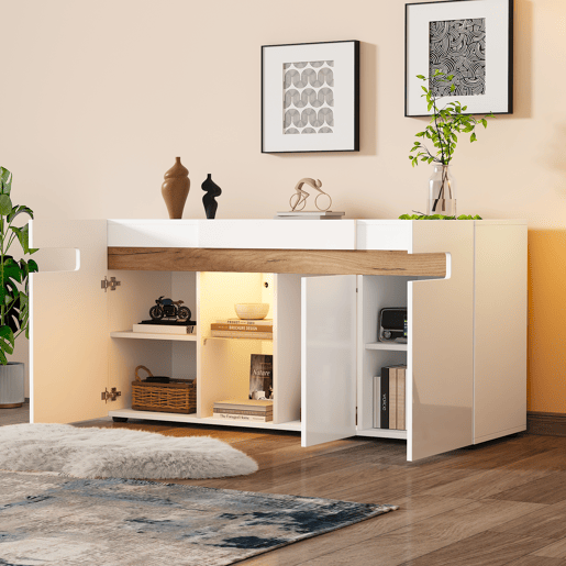 Aparador de painel de partículas com 3 portas e luz led,branco+natural
