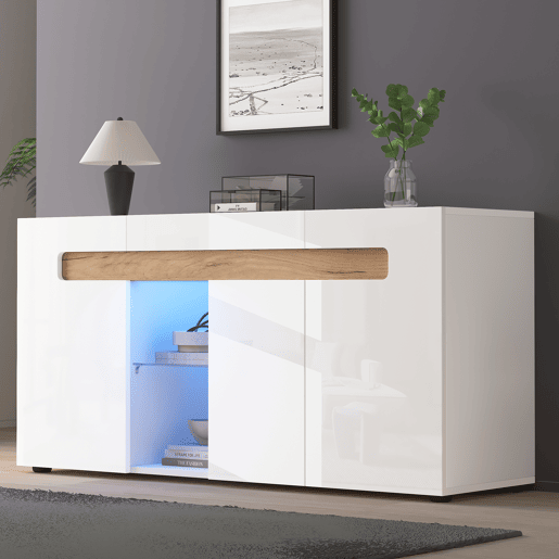 Aparador de painel de partículas com 3 portas e luz led,branco+natural