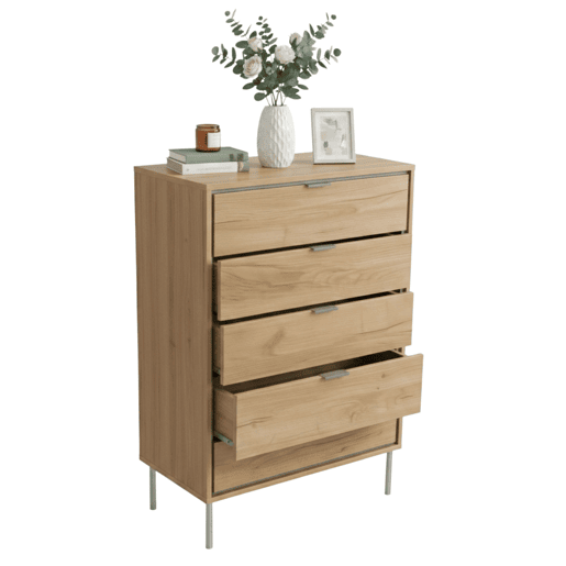 Cômoda Sforza com 5 gavetas para quarto, pés em carvalho natural, 120x75x40 cm