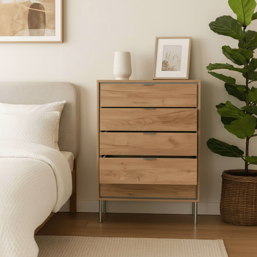 Cômoda Sforza com 5 gavetas para quarto, pés em carvalho natural, 120x75x40 cm