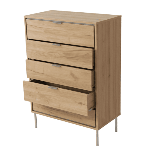 Cômoda Sforza com 5 gavetas para quarto, pés em carvalho natural, 120x75x40 cm