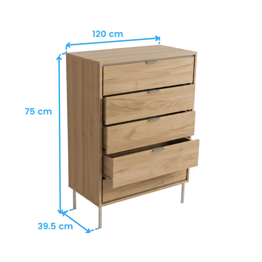 Cômoda Sforza com 5 gavetas para quarto, pés em carvalho natural, 120x75x40 cm