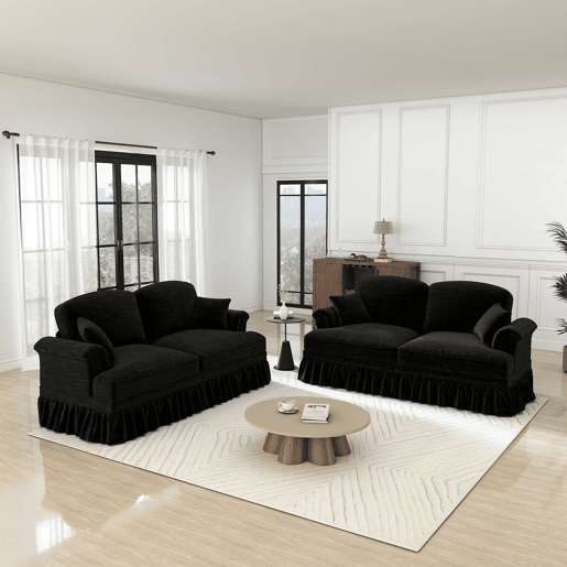 Sofá modular L 4 lugares - Chenille, braços cónicos, saia removível, pés torneados, apoio para os pés - Preto