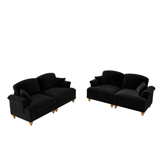 Sofá modular L 4 lugares - Chenille, braços cónicos, saia removível, pés torneados, apoio para os pés - Preto