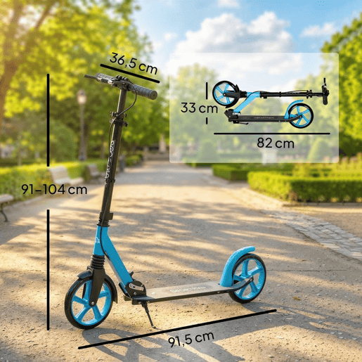 HOMCOM Trotinete Dobrável para Adultos e Crianças +14 Anos Scooter Leve com Guiador Ajustável Rodas Grandes Ø200 mm Amortecedor e Travão Alumínio Suporta 100 kg 91,5x36,5x91-104 cm Azul