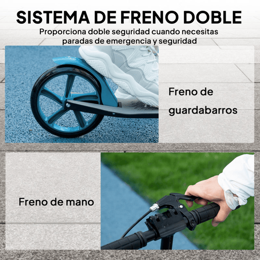 HOMCOM Trotinete Dobrável para Adultos e Crianças +14 Anos Scooter Leve com Guiador Ajustável Rodas Grandes Ø200 mm Amortecedor e Travão Alumínio Suporta 100 kg 91,5x36,5x91-104 cm Azul