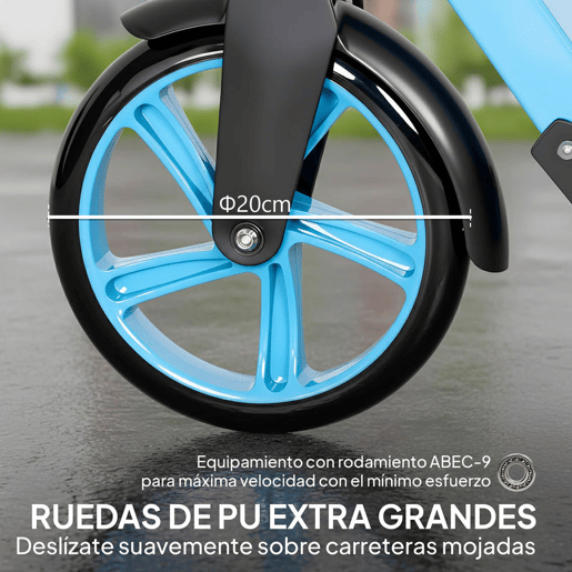 HOMCOM Trotinete Dobrável para Adultos e Crianças +14 Anos Scooter Leve com Guiador Ajustável Rodas Grandes Ø200 mm Amortecedor e Travão Alumínio Suporta 100 kg 91,5x36,5x91-104 cm Azul