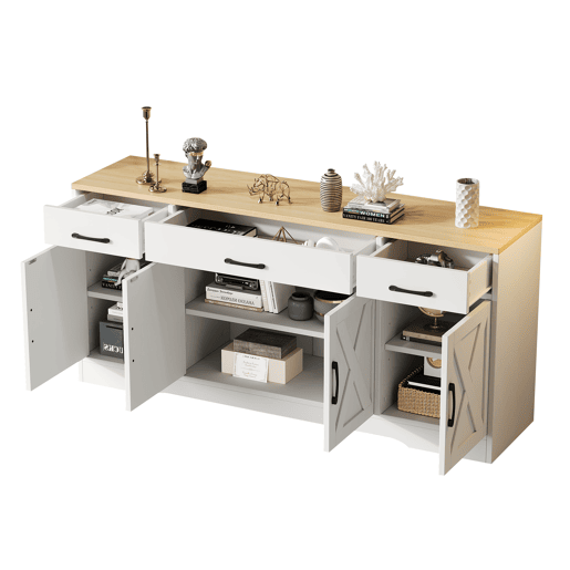 Aparador de mdf com 4 portas e 3 gavetas,branco+natural