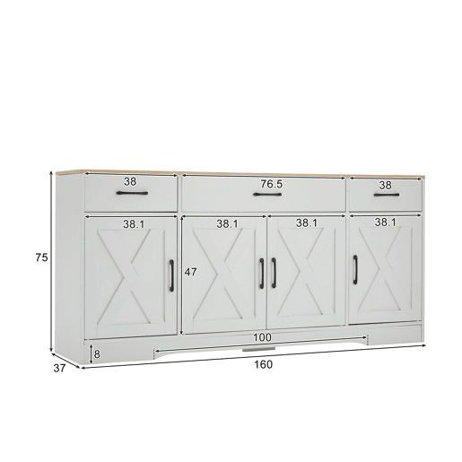 Aparador de mdf com 4 portas e 3 gavetas,branco+natural