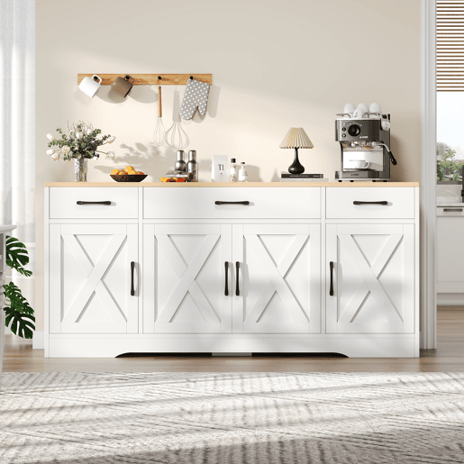 Aparador de mdf com 4 portas e 3 gavetas,branco+natural