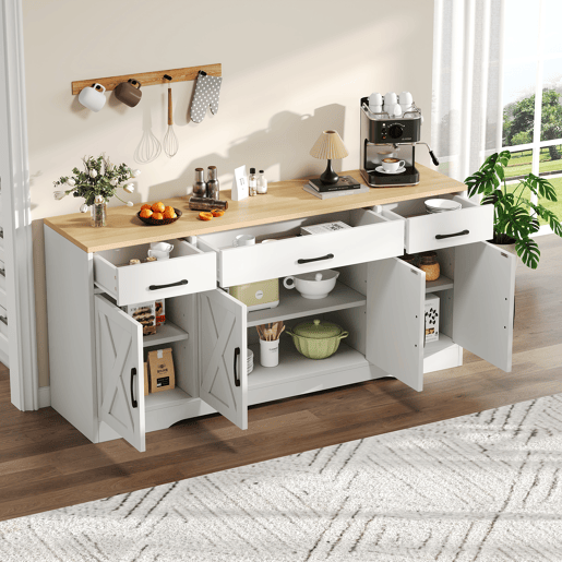 Aparador de mdf com 4 portas e 3 gavetas,branco+natural