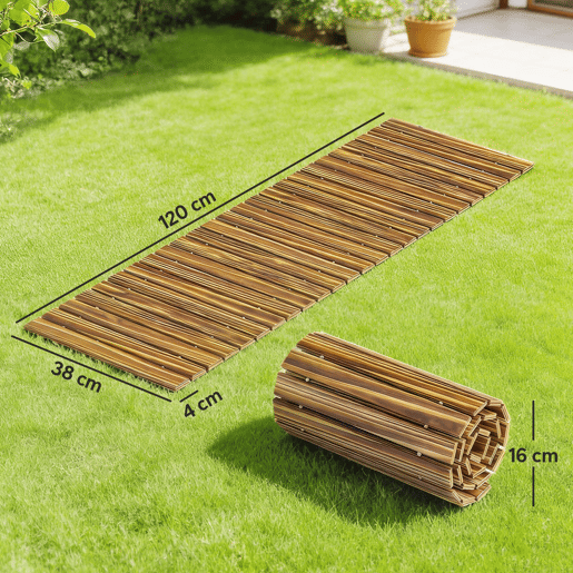 Outsunny Caminho de Ripas de Madeira 120x38 cm Enrolável para Exteriores Resistente às Intempéries, Decoração de Jardim para Praia, Casamento e Festa - Acabamento Carbonizado