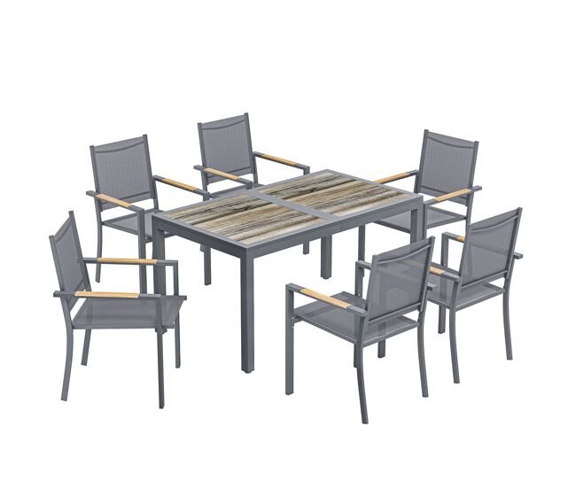 Outsunny conjunto de mesa y sillas jardín de 7 piezas, muebles jardín exterior con mesa de plástico pspc, 6 sillas apilables transpirables, marco de acero resistente a la intemperie, gris oscuro