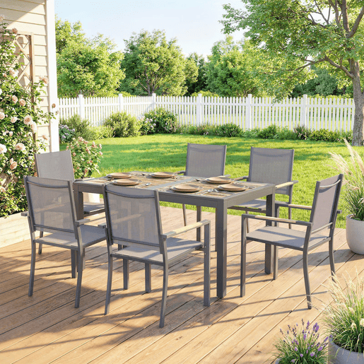 Outsunny Conjunto de Mesa e Cadeiras de Jardim de 7 Peças Móveis de Jardim para Exterior com Mesa de Plástico PSPC 6 Cadeiras Empilháveis Respiráveis Estrutura de Aço Resistente às Intempéries Cinza Escuro