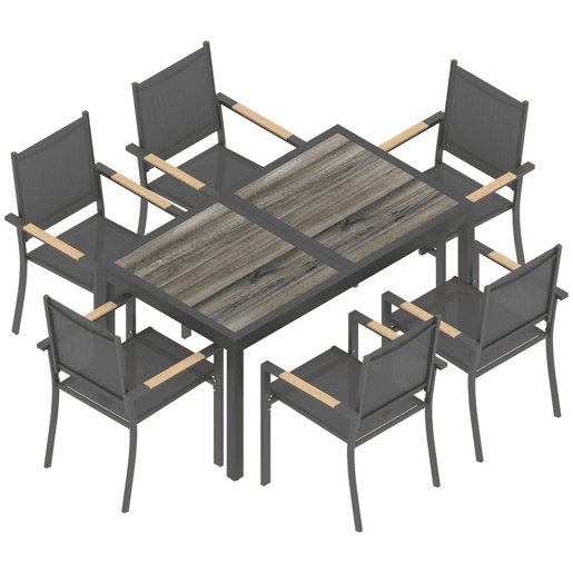 Outsunny Conjunto de Mesa e Cadeiras de Jardim de 7 Peças Móveis de Jardim para Exterior com Mesa de Plástico PSPC 6 Cadeiras Empilháveis Respiráveis Estrutura de Aço Resistente às Intempéries Cinza Escuro