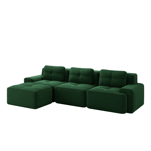 Sofá modular L 3 lugares - Cloud, com otomano e estofamento em veludo cotelê, montagem livre - Verde
