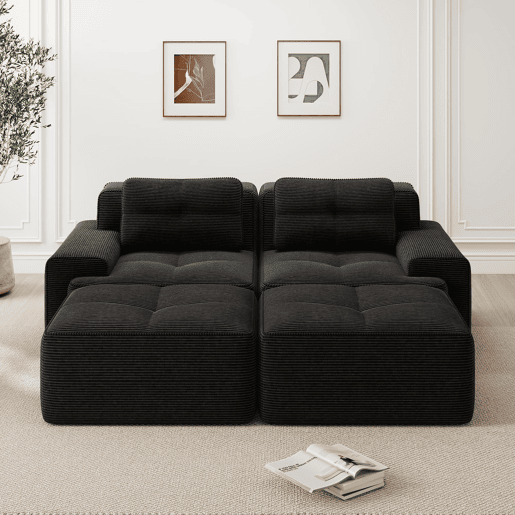 Sofá modular de 2 lugares - em forma de U, confortável, veludo cotelê, com otomano - Preto