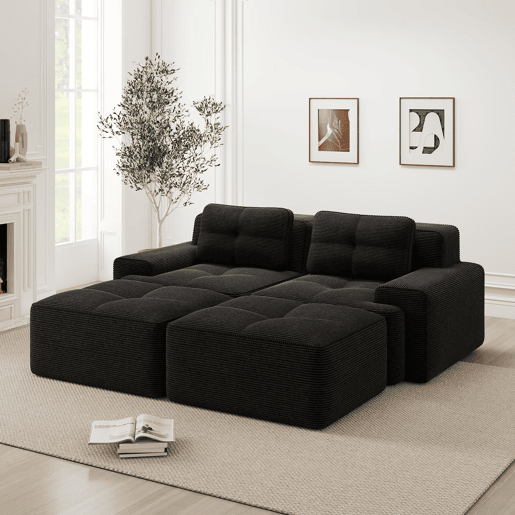 Sofá modular de 2 lugares - em forma de U, confortável, veludo cotelê, com otomano - Preto