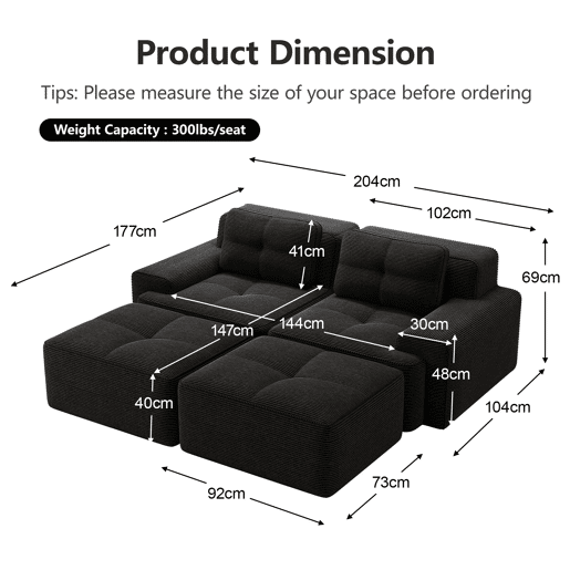 Sofá modular de 2 lugares - em forma de U, confortável, veludo cotelê, com otomano - Preto