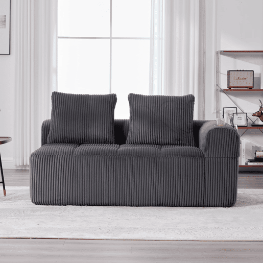 Sofá de 2 lugares - Confortável, com almofadas, bolso lateral e porta-copos - Cinza escuro