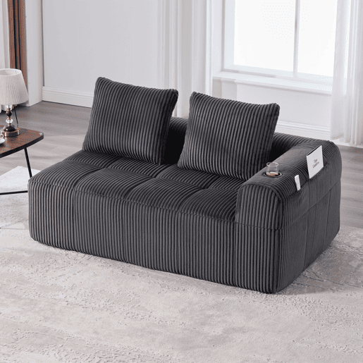 Sofá de 2 lugares - Confortável, com almofadas, bolso lateral e porta-copos - Cinza escuro
