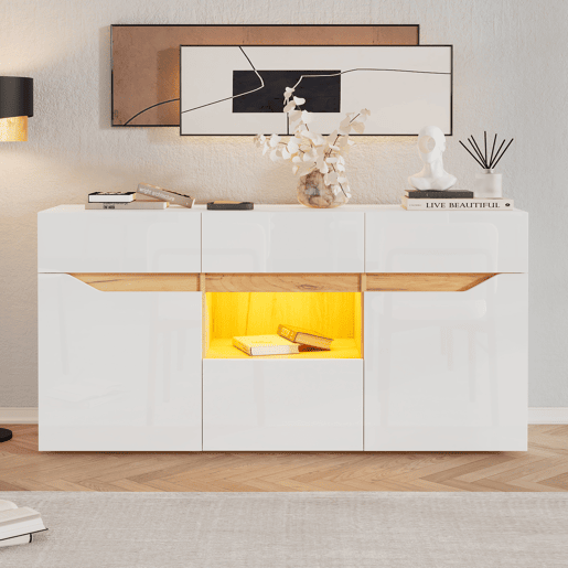 Aparador de painel de partículas com 2 portas,4 gavetas e luz led,branco