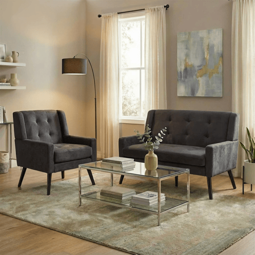 Conjunto de poltronas decorativas de 1 e 2 lugares - espuma de alta densidade, pernas de madeira - cinza escuro