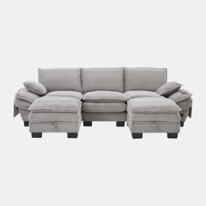 Sofá modular de 3 lugares - assento largo, design ergonómico, espuma de alta densidade, porta USB-C e bolsos laterais - cinzento claro