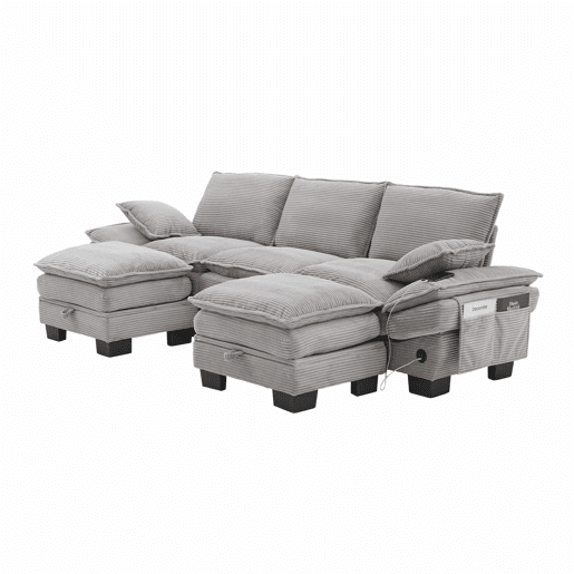 Sofá modular de 3 lugares - assento largo, design ergonómico, espuma de alta densidade, porta USB-C e bolsos laterais - cinzento claro