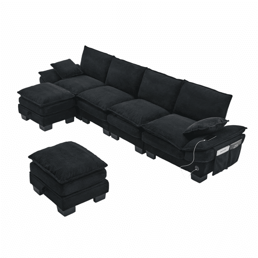 Sofá modular de 4 lugares - assento amplo, design ergonómico, espuma de alta densidade, porta USB-C e bolsos laterais - preto
