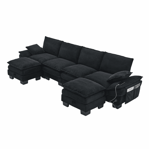 Sofá modular de 4 lugares - assento amplo, design ergonómico, espuma de alta densidade, porta USB-C e bolsos laterais - preto
