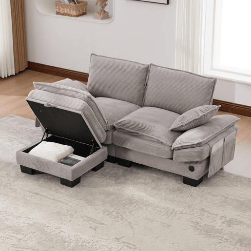 Sofá modular de 2 lugares com pufe - assento amplo, design ergonómico, estofamento em espuma de alta densidade, porta USB-C e bolsos laterais - cinza claro