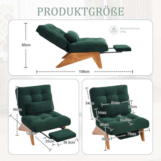 Poltrona lounge ajustável tamanho compacto - sem encosto com apoio para os pés e almofada lombar - verde esmeralda