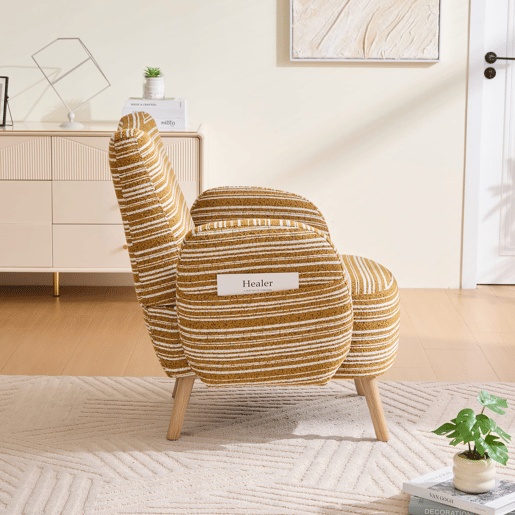 Poltrona individual 77x81 cm - Tecido com padrão de círculos, bolso lateral, pernas de madeira - Amarelo mostarda