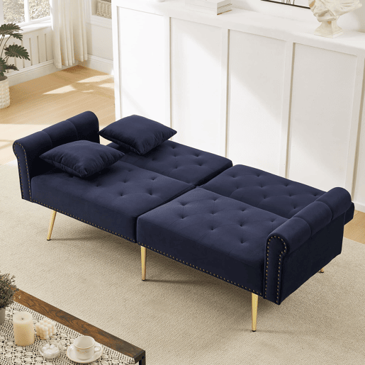 Sofá-cama de 2 lugares - veludo, encosto ajustável em 3 posições, pés metálicos dourados - Antique Blue