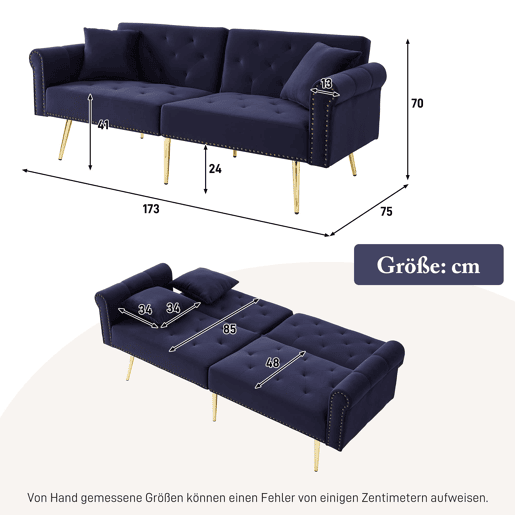 Sofá-cama de 2 lugares - veludo, encosto ajustável em 3 posições, pés metálicos dourados - Antique Blue