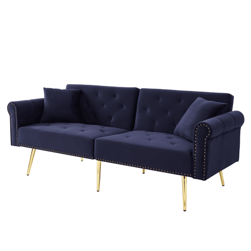 Sofá-cama de 2 lugares - veludo, encosto ajustável em 3 posições, pés metálicos dourados - Antique Blue