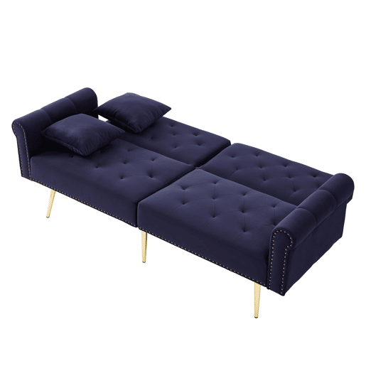 Sofá-cama de 2 lugares - veludo, encosto ajustável em 3 posições, pés metálicos dourados - Antique Blue