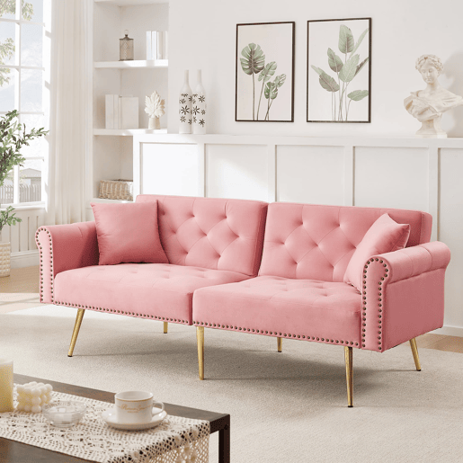 Sofá de 2 lugares - estofado em veludo, encosto ajustável em 3 posições, pés dourados - Rosa