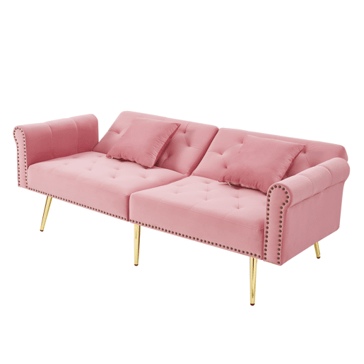 Sofá de 2 lugares - estofado em veludo, encosto ajustável em 3 posições, pés dourados - Rosa